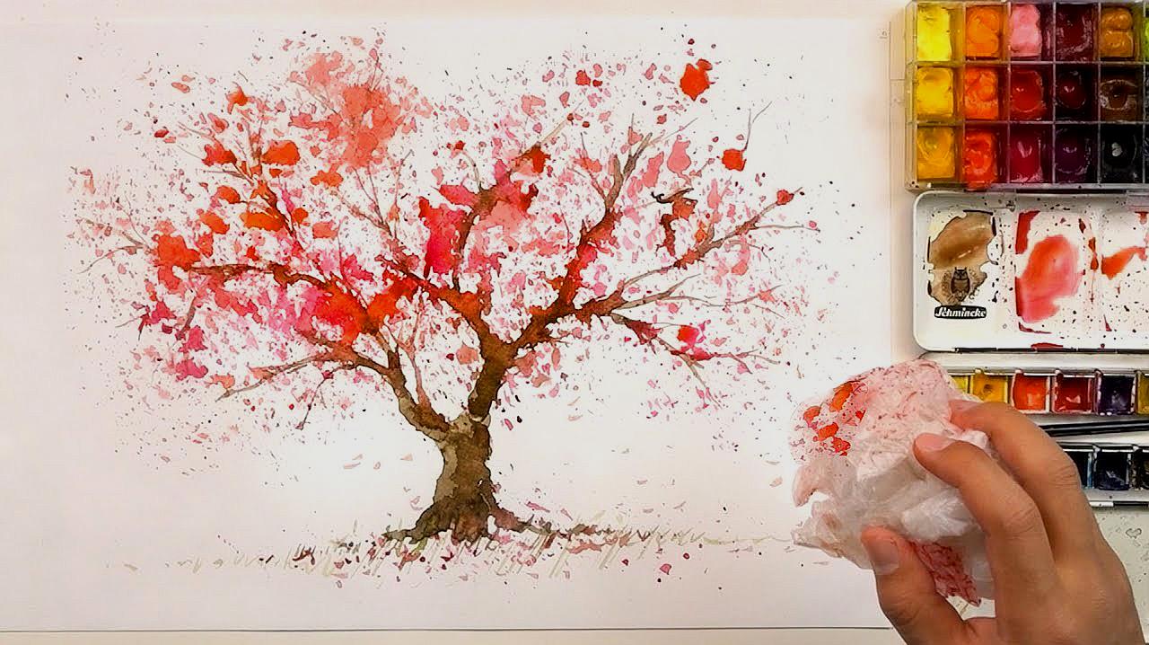 新手入门可学的水彩绘画视频,教你如何用塑料袋绘制樱桃树