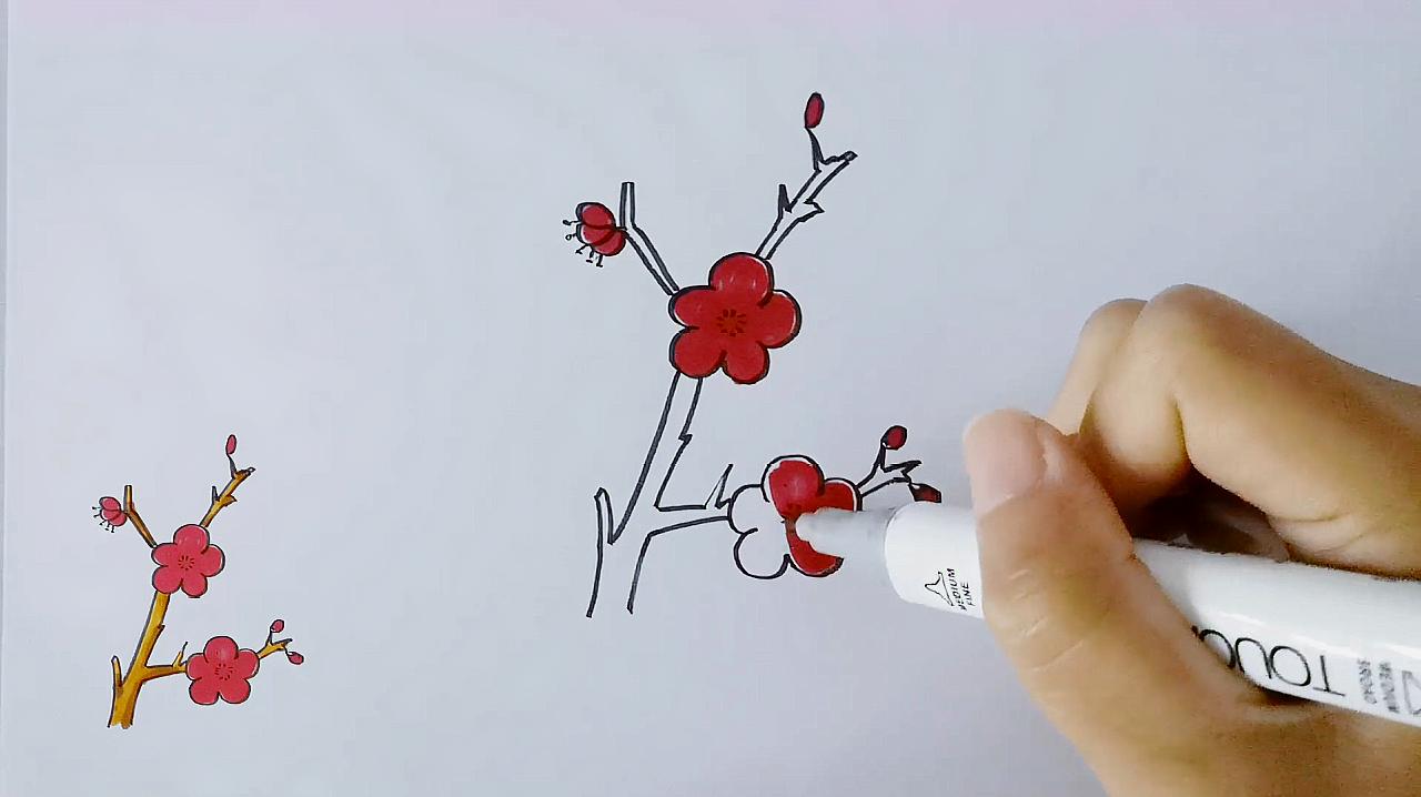 1梅花简笔画:先画出几朵梅花,然后再画出梅花的树枝,最后涂上颜色就