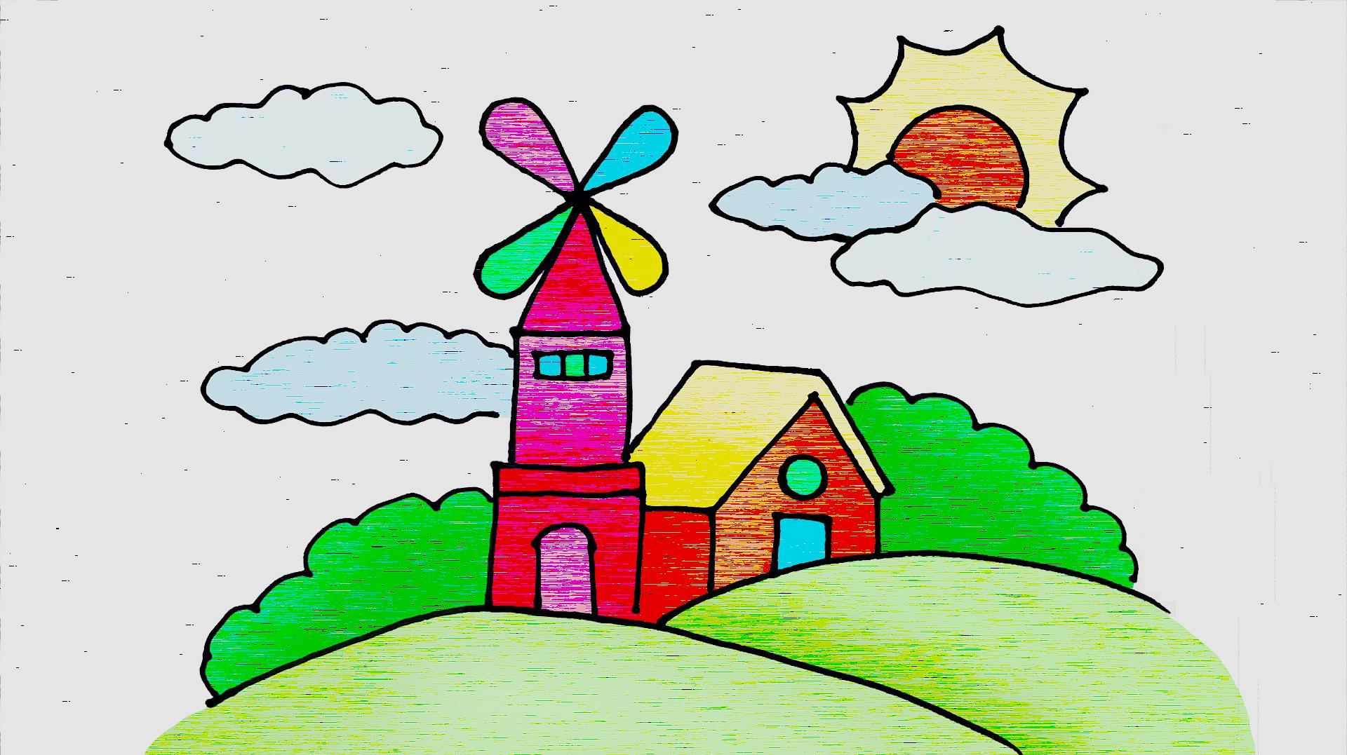 亲子儿童简笔画|五彩的荷兰风车,培养孩子的色彩观