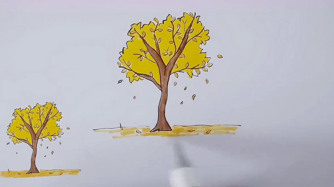 然后使用棕色涂上树干颜色,使用黄色为树叶上色,一幅秋天简笔画就画好
