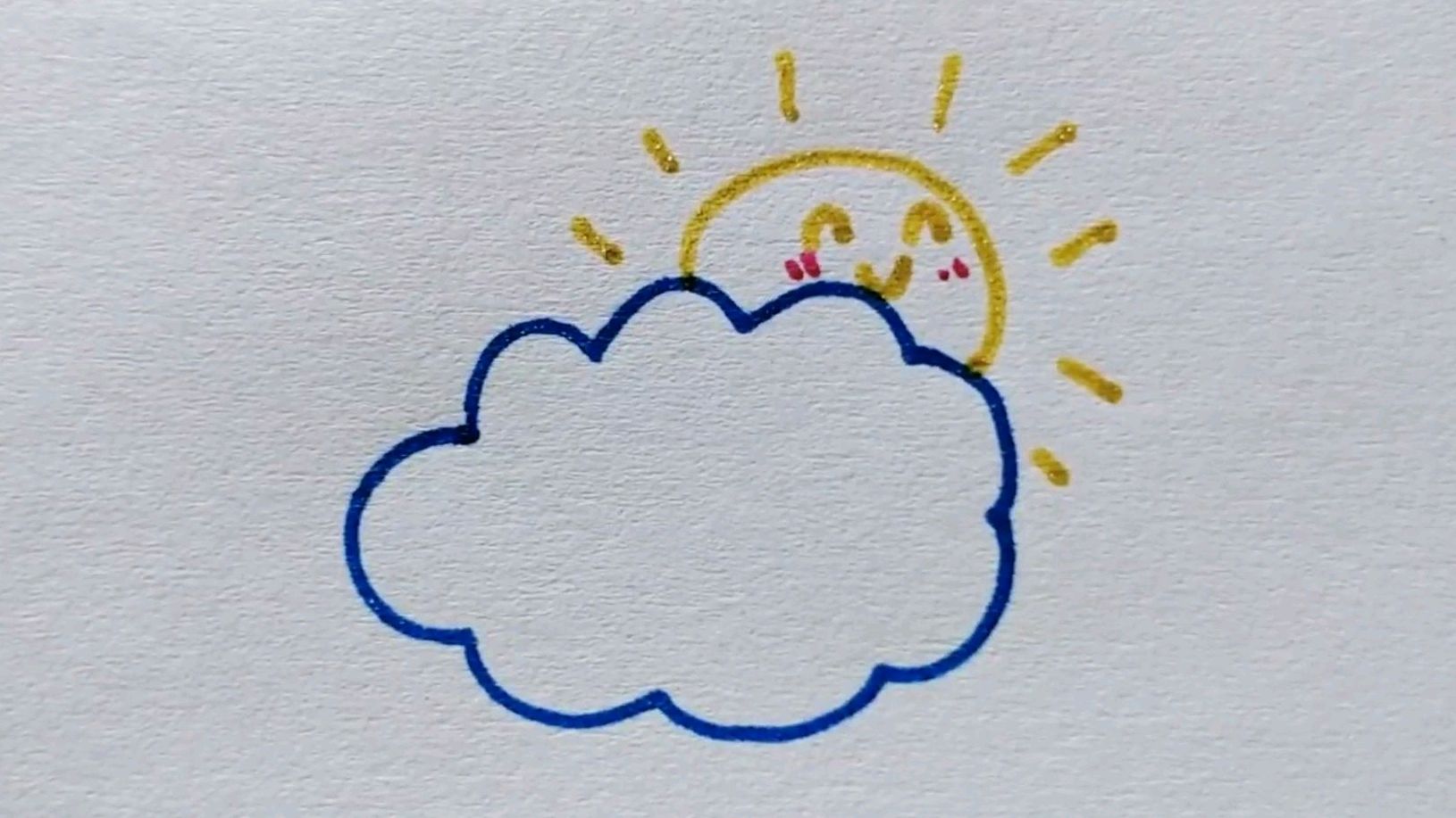 2彩虹云朵简笔画:首先画上可爱的云朵,在下方使用马克笔画上彩色彩虹
