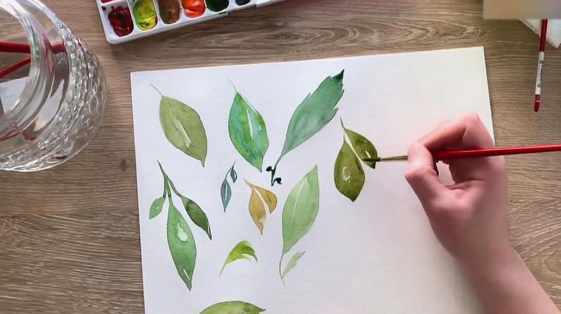 水彩不同颜色形状的树叶画法,简单好学!建议收藏!