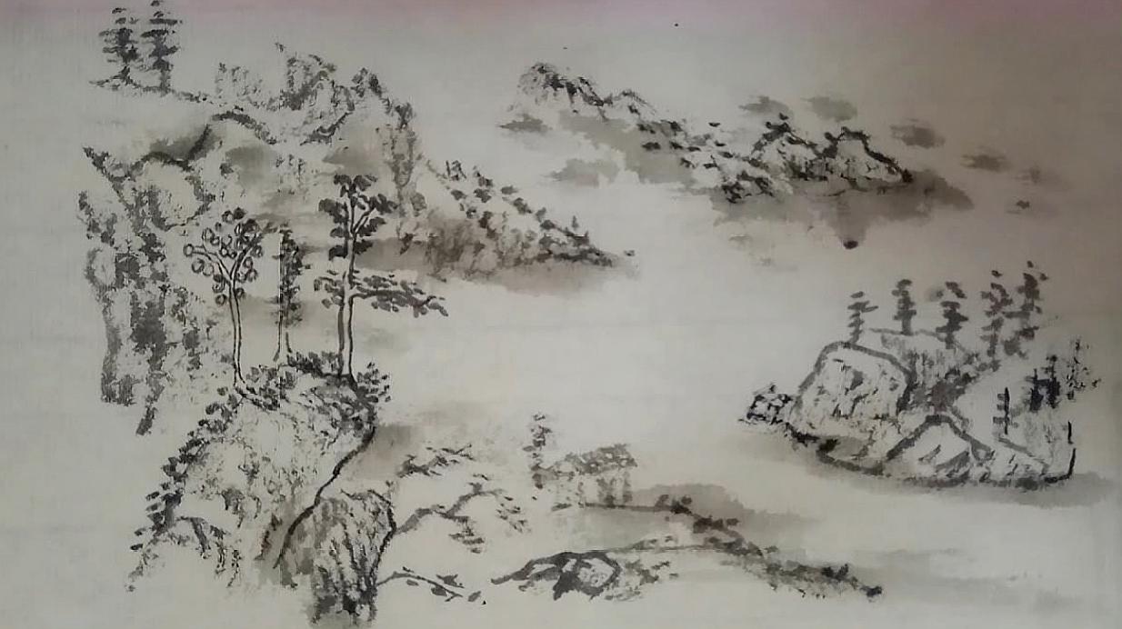 国画山水,溪口的小屋,留白作水