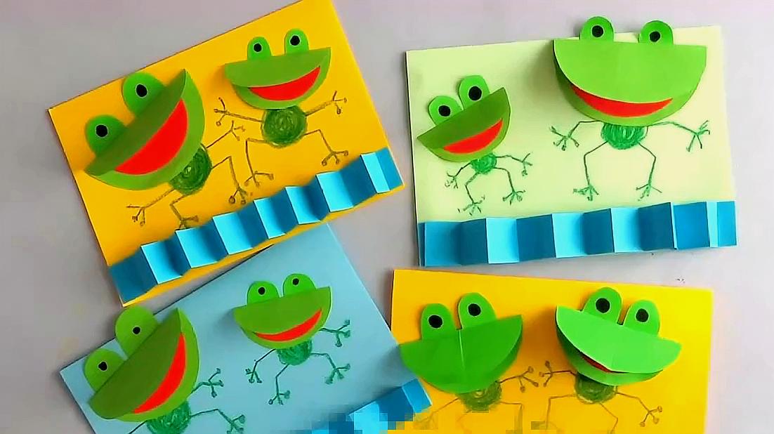 幼儿手工圆形折纸diy,简单好做的大嘴巴青蛙贴画