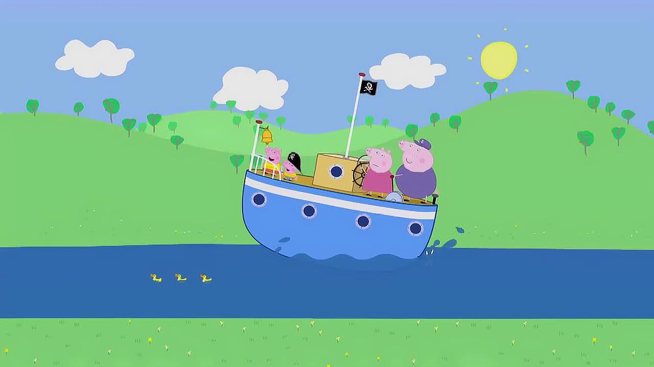 猪爷爷和猪奶奶驾驶着轮船在河流中快速前进