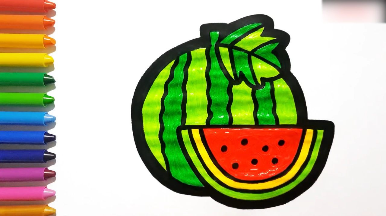 幼儿简易画教你怎么画西瓜并涂上颜色,学会了吗?