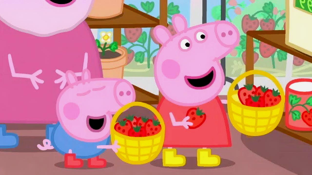 小猪佩奇和小猪乔治去草莓园摘草莓 简笔画