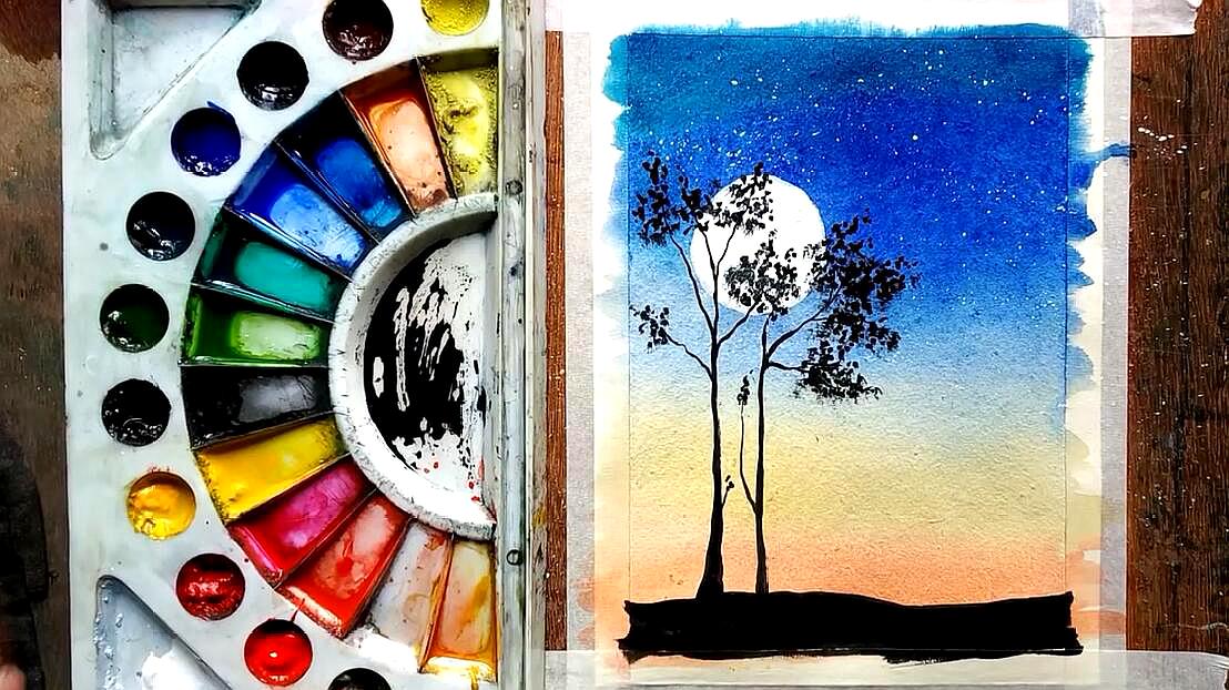 新手入门可学的水彩绘画视频,一步步绘制月光下的树