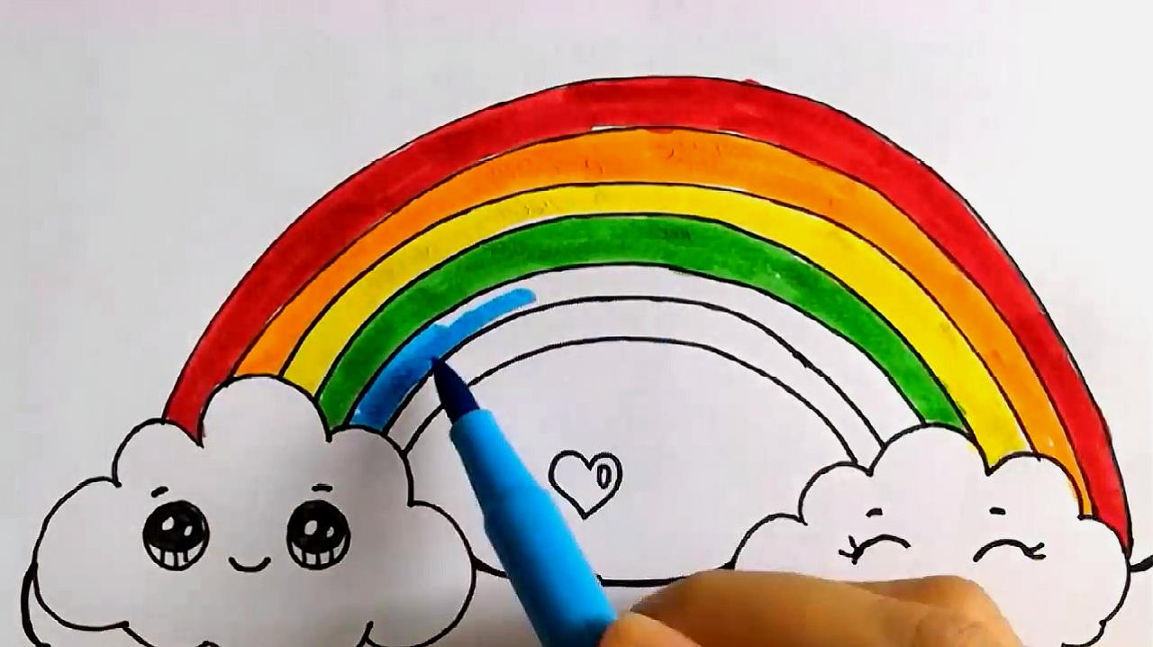 1儿童彩虹简笔画:画出两朵大小相同的可爱云彩,云彩中间用弧线相连接