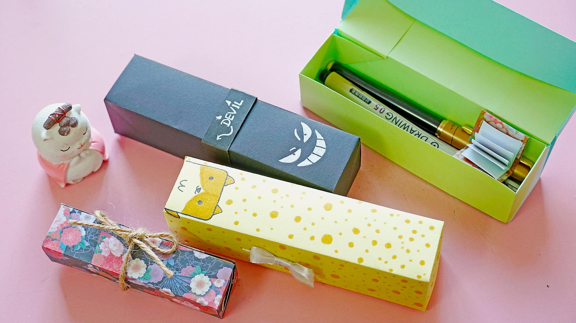比较简单的一款折纸笔盒,材料只要两张纸,当作礼物盒也不错!