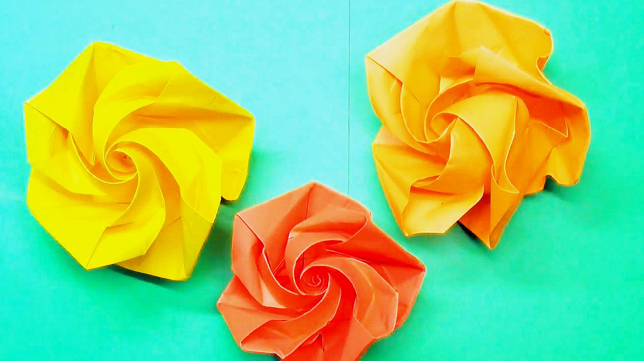 纯折纸玫瑰纸花,手工折纸diy,教你折叠一朵漂亮的玫瑰花