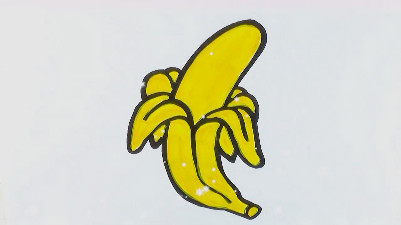 1香蕉的简笔画,画中的香蕉是剥了皮的香蕉,香蕉皮剥到一半弯曲下去