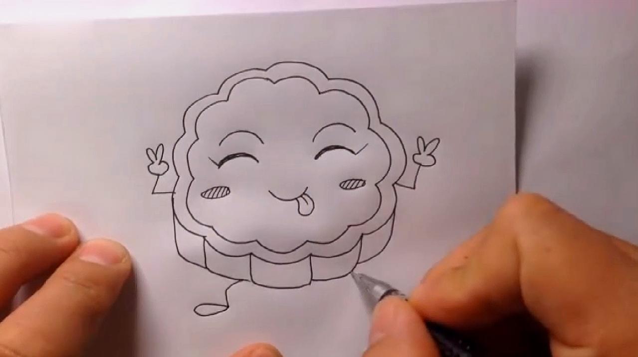 1中秋月饼简笔画:先画出一个椭圆作为饼面,在饼面上画出装饰,在画出