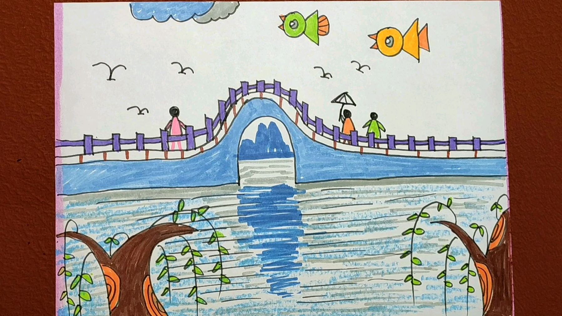 我们村里的小桥儿童画