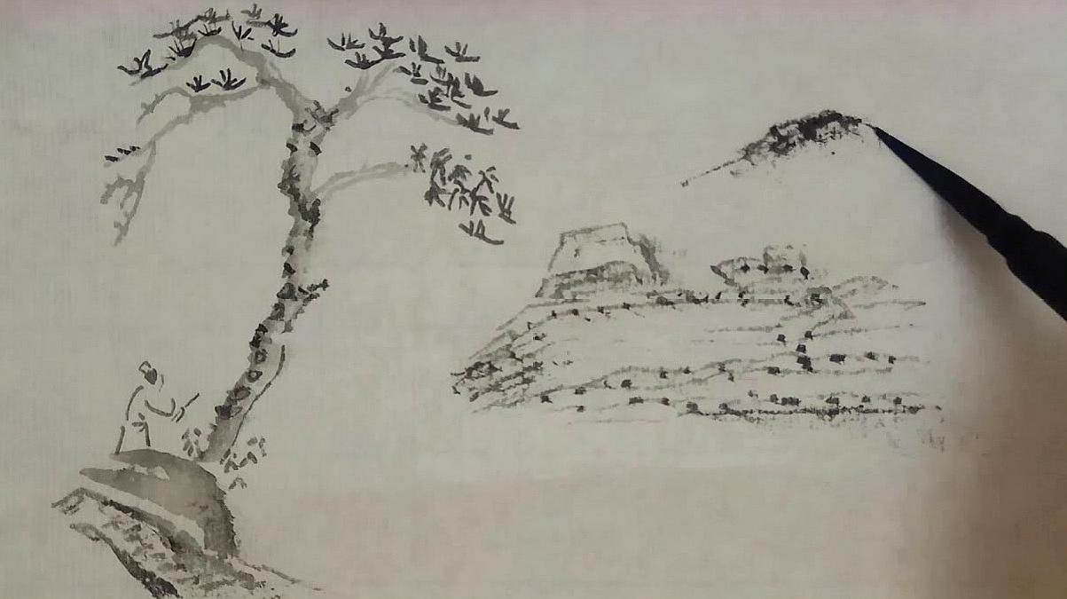 1国画山的画法1:用焦墨法画山脉,先画出山脉的主体,然后再局部加深