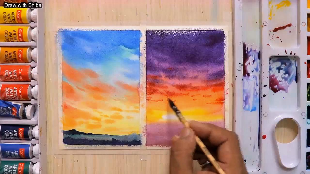 教你用水粉画很有意境的画 服务升级 2落日风景:先渲染出天空做背景