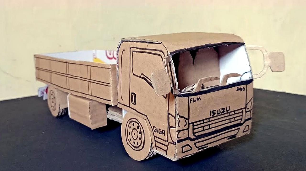 纸板玩具车教学,手工制作五十铃货车模型,diy纸板制作教程