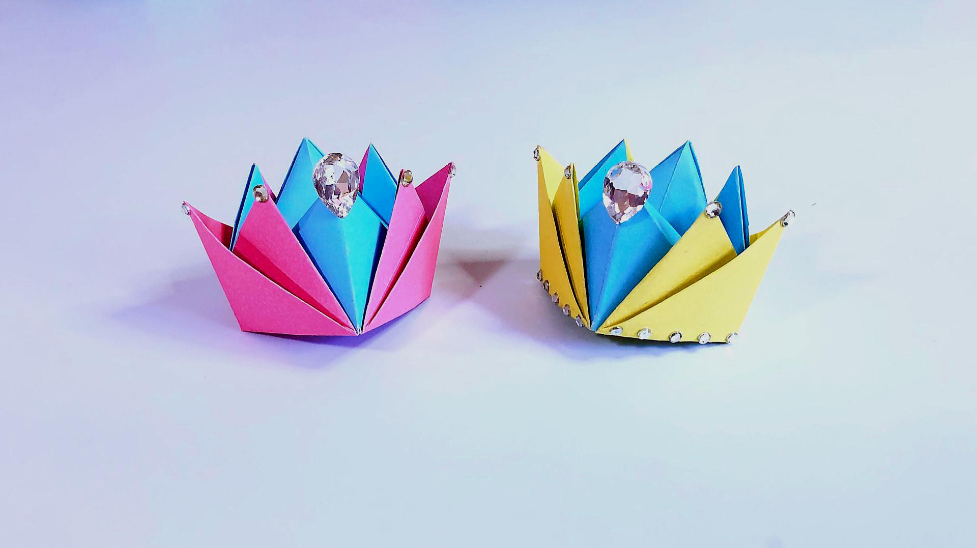 折纸教程:漂亮的小皇冠,一张纸三两下就折好了,小朋友好喜欢
