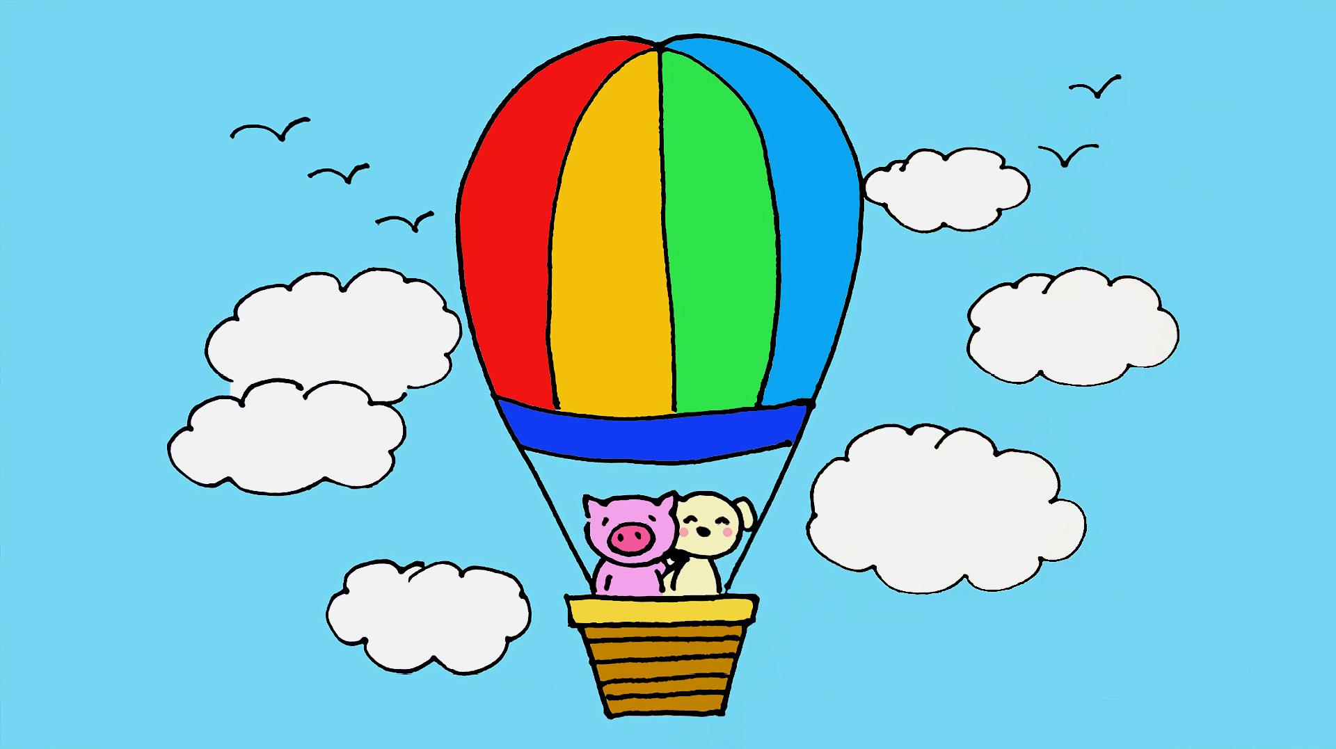 儿童卡通简笔画 小猪小狗乘坐热气球翱翔天空