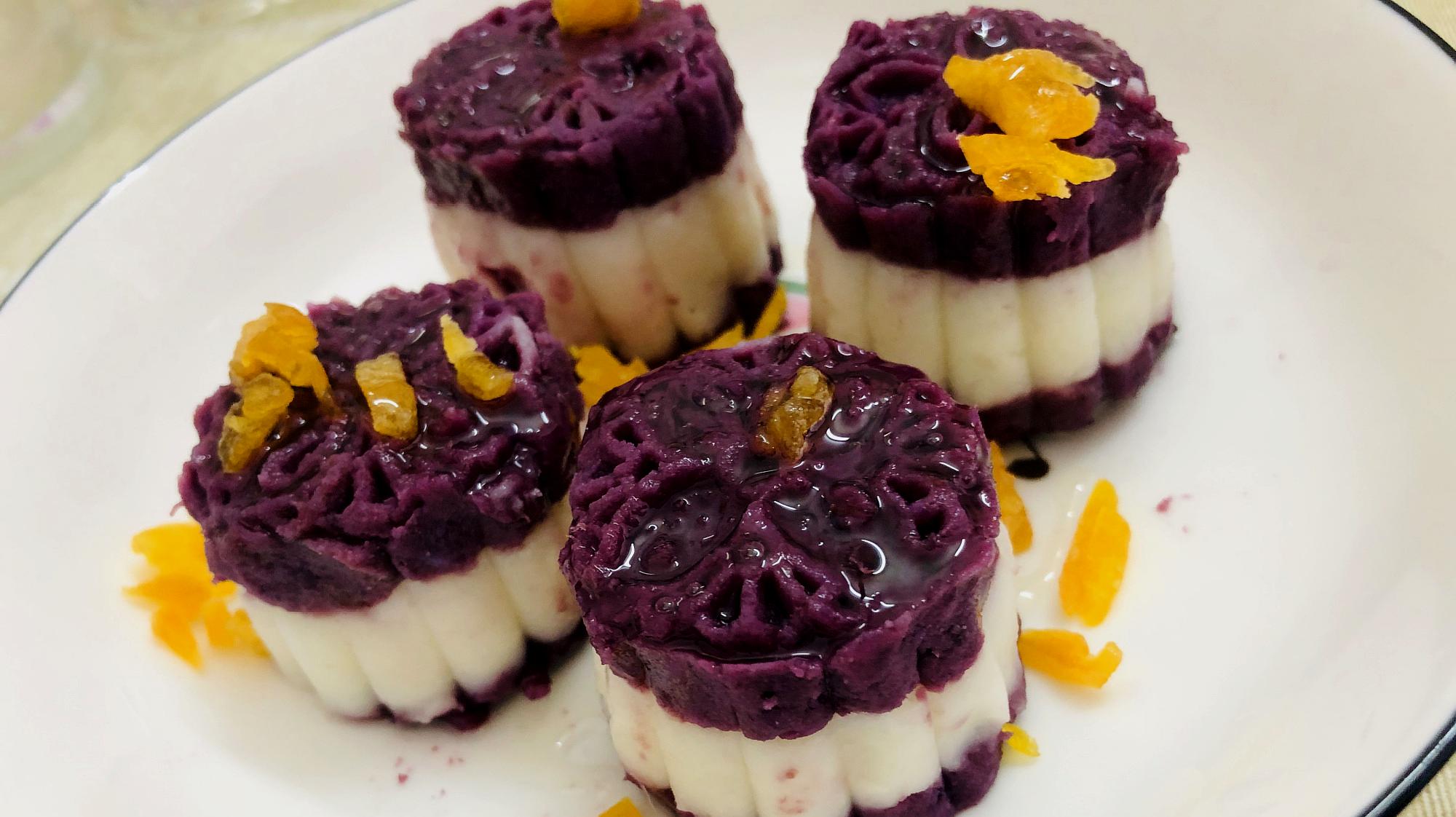 山药和紫薯搭配新吃法,一压一蒸,好看又好吃的山药紫薯糕