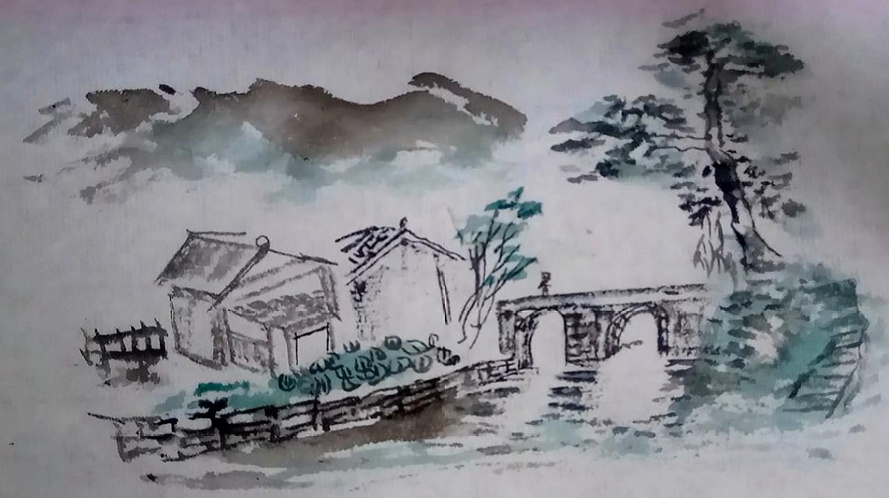 小河流水村庄图画图片