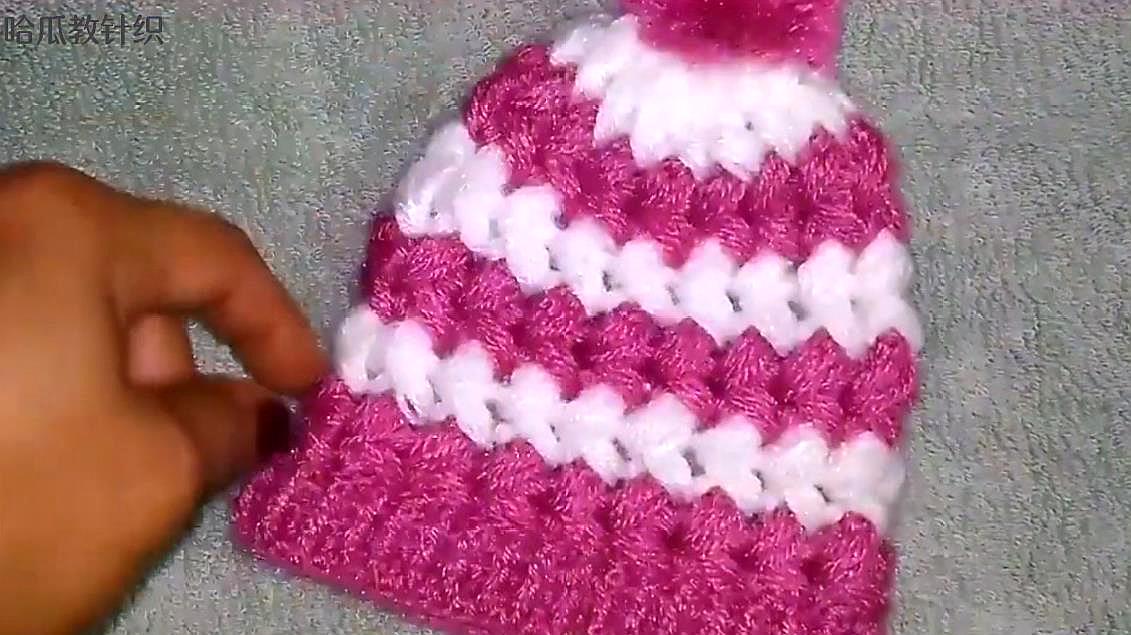 钩针编织双色辫子图案毛线帽,简单漂亮,给婴儿织顶帽子不错