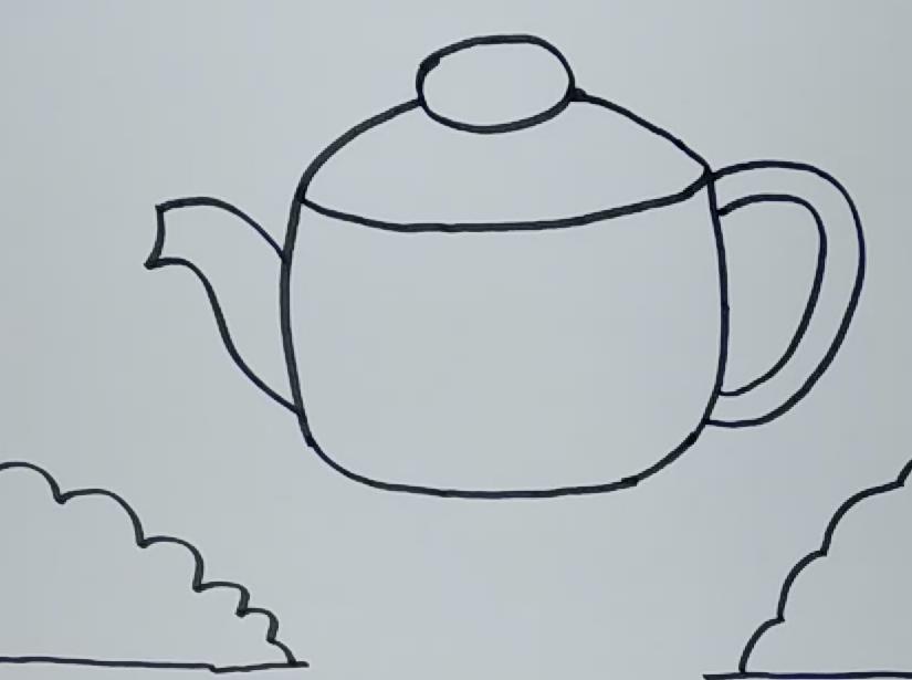 2茶壶简笔画:首先在纸上画一个茶壶的轮廓,画上茶壶盖,在瓶身上画一朵