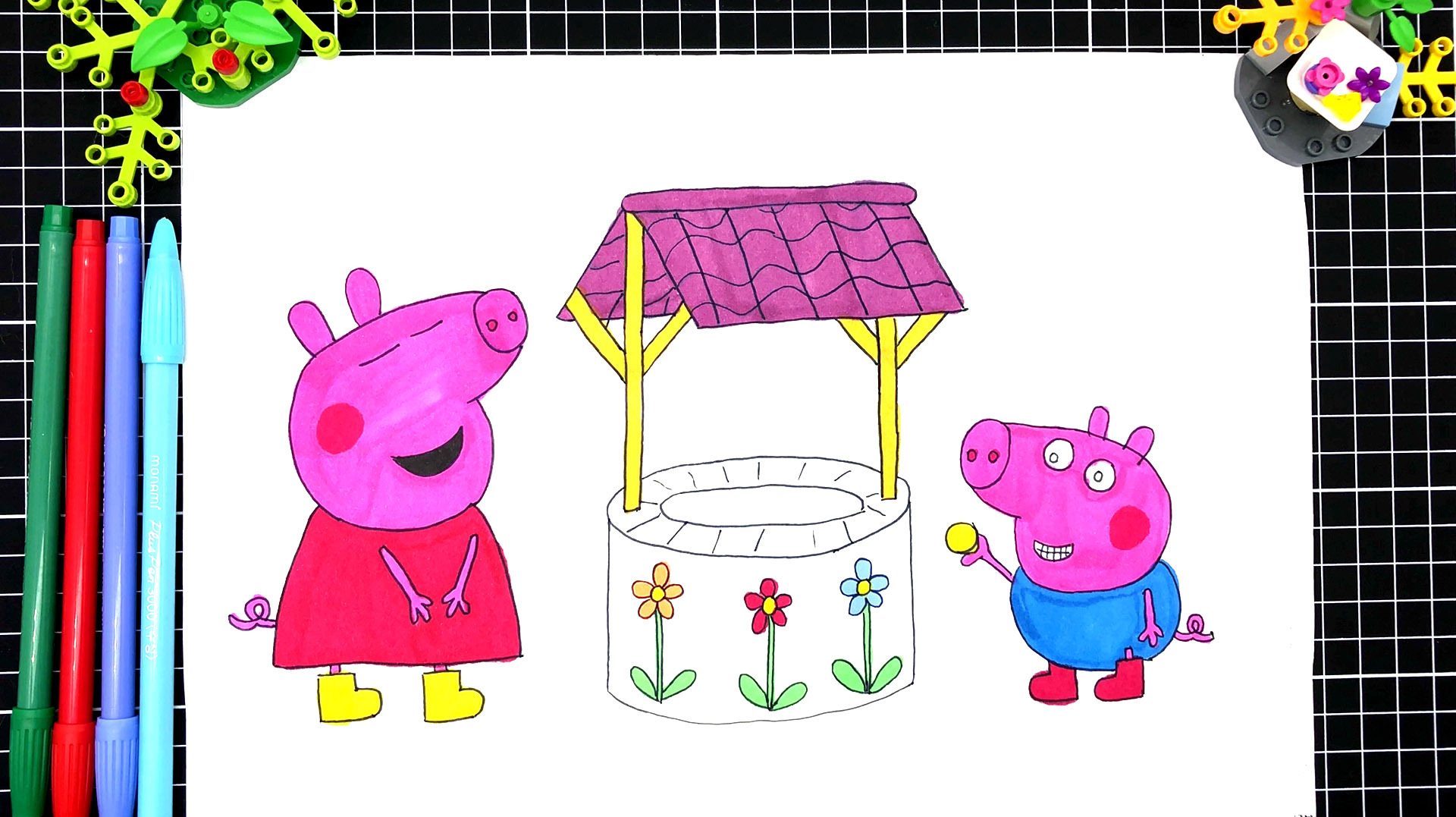 草莓简笔画 小猪佩奇和乔治在许愿池许愿